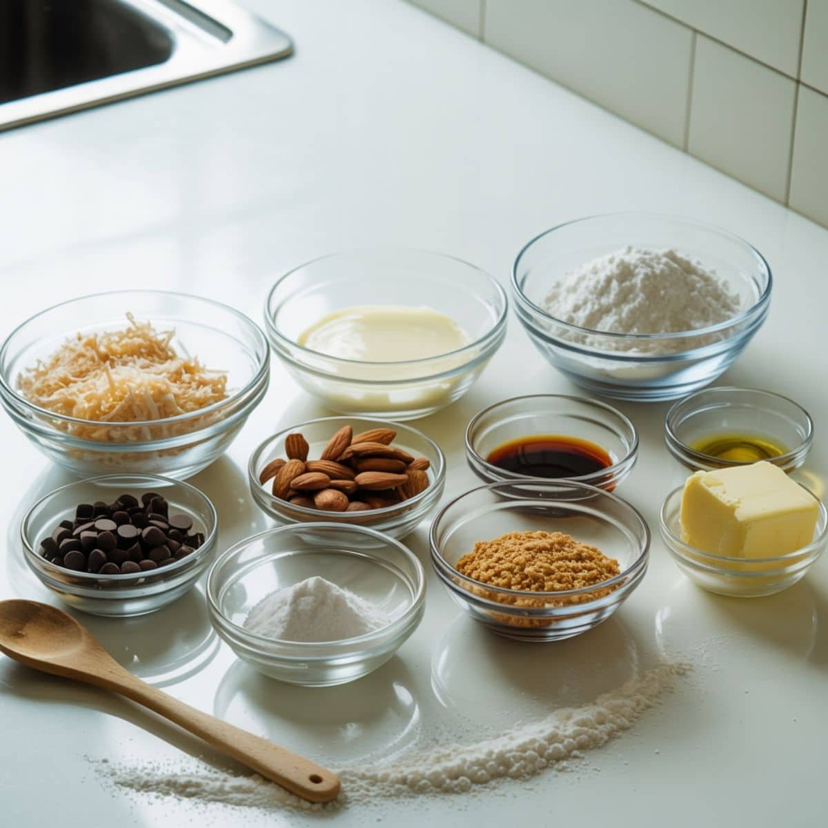 all ingredients arranged neatly in order on a white kitchen counter