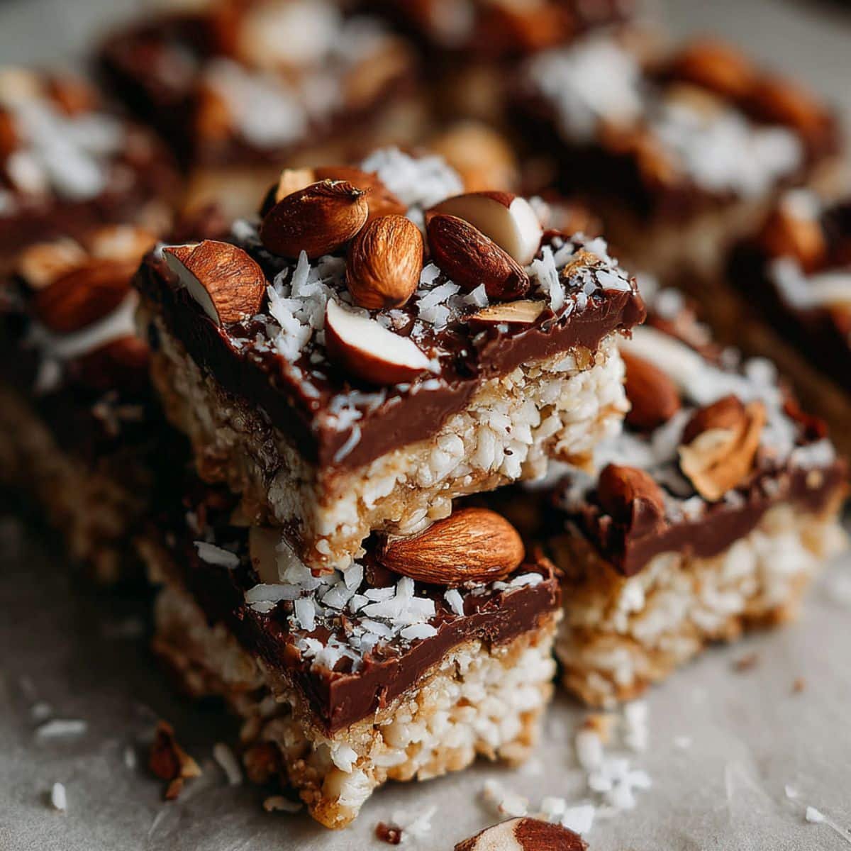 Homemade almond joy bars stacked on a white plate, chocolate coconut almond squares with sea salt on top
