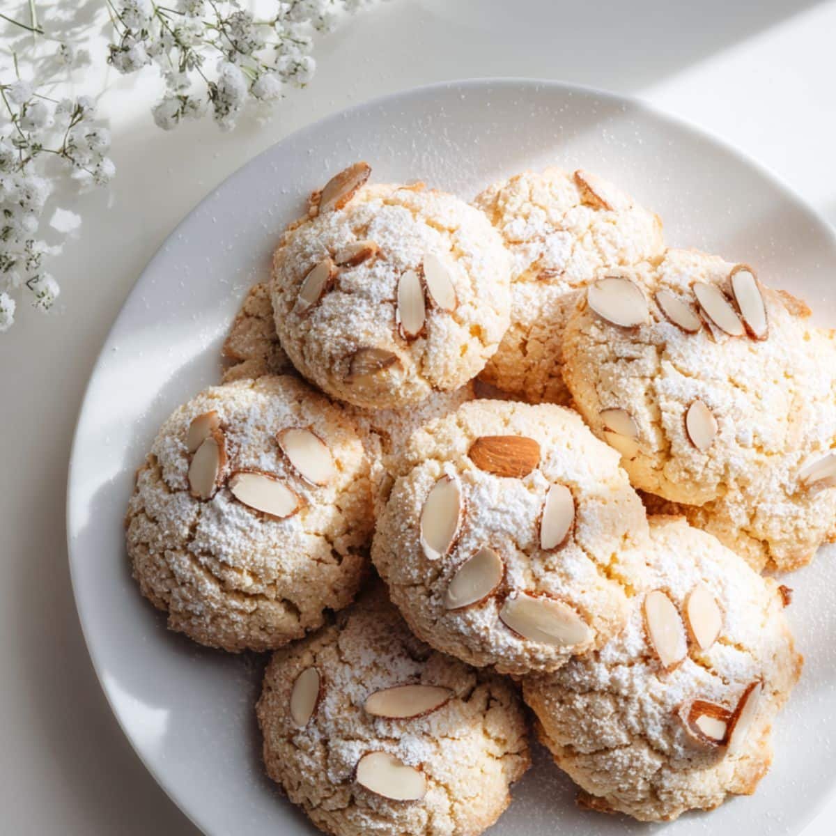 Homemade almond cookies recipes on a white table, top-down view with sliced almonds and powdered sugar.