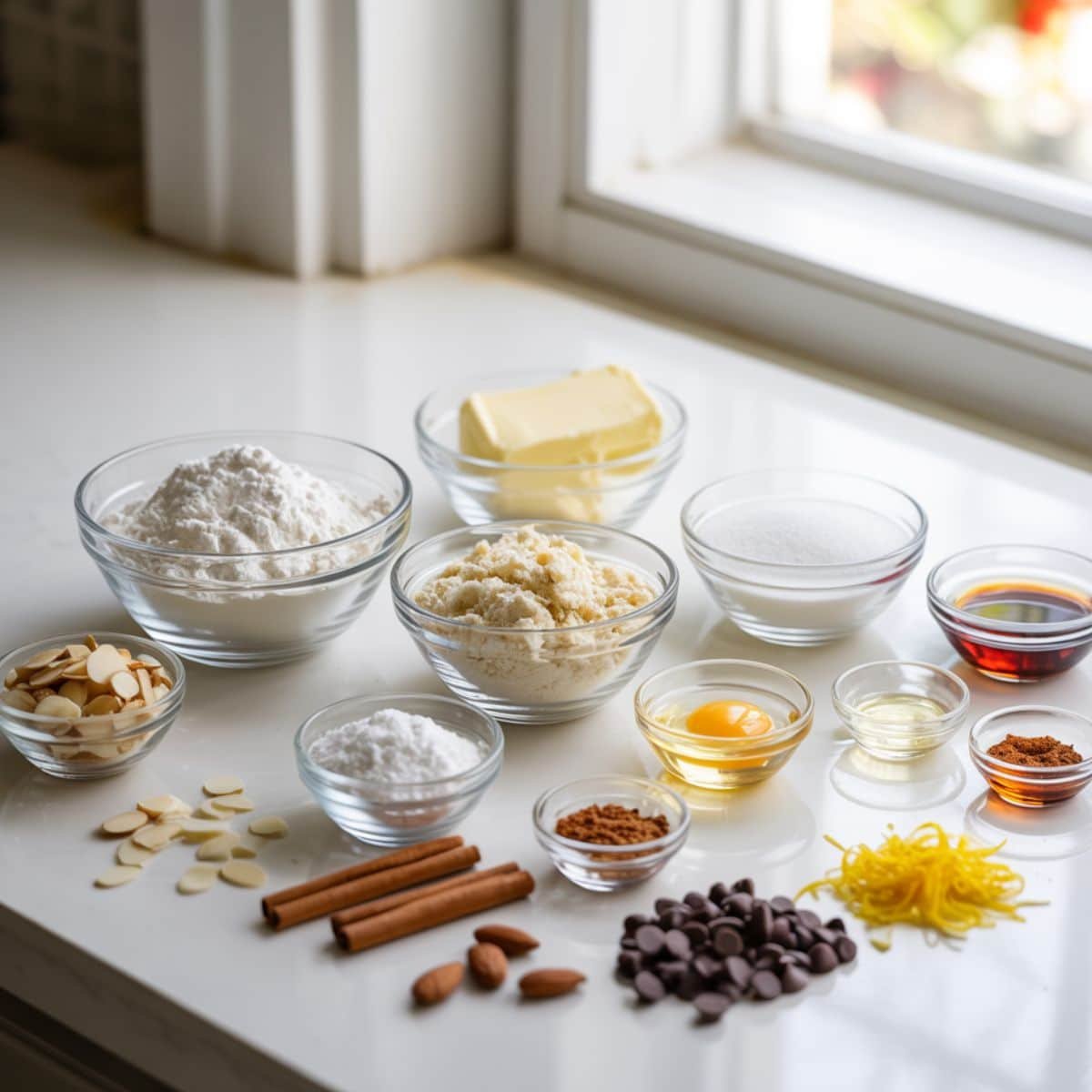 almond cookie ingredients on a white table, including flour, sugar, butter, egg, almond extract, and extras.