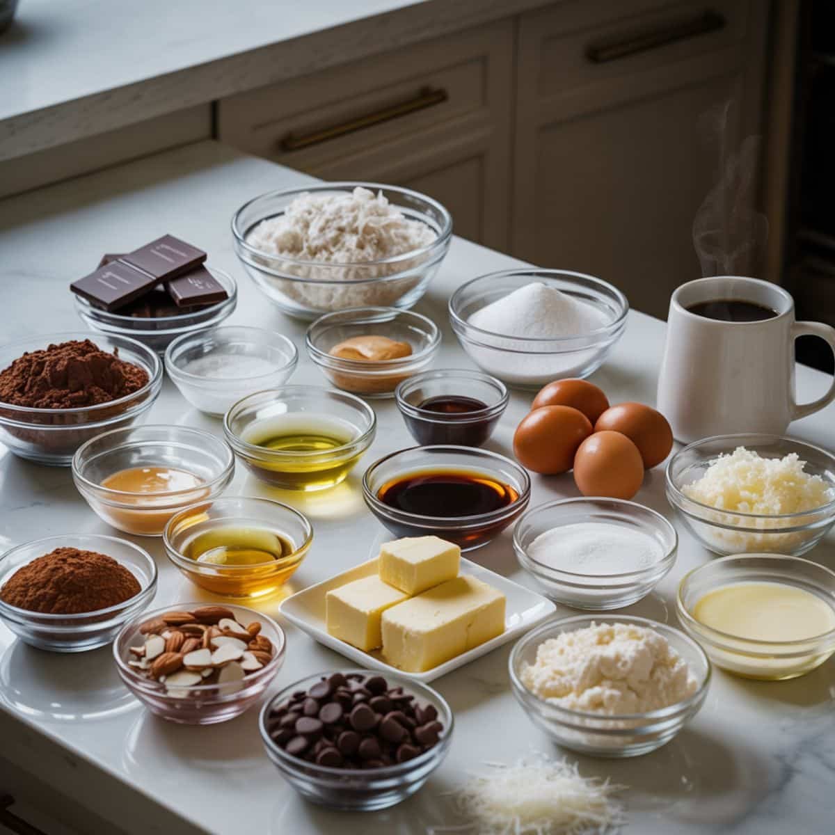 Flat lay of almond joy cupcake ingredients on a white kitchen table
