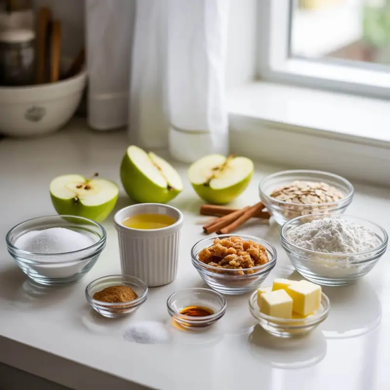Apple crisp ingredients neatly arranged on counter in white kitchen
