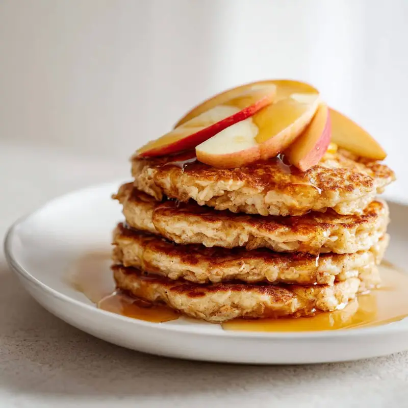 Fluffy homemade apple oat pancakes stacked on a white plate with apple slices and syrup, on a white kitchen counter