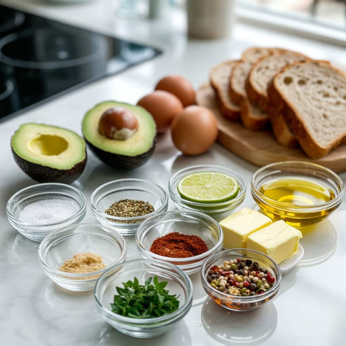 Flat lay of avocado egg toast ingredients on a white kitchen table, including avocados, eggs, bread, lime, olive oil, herbs, tomatoes, and spices.