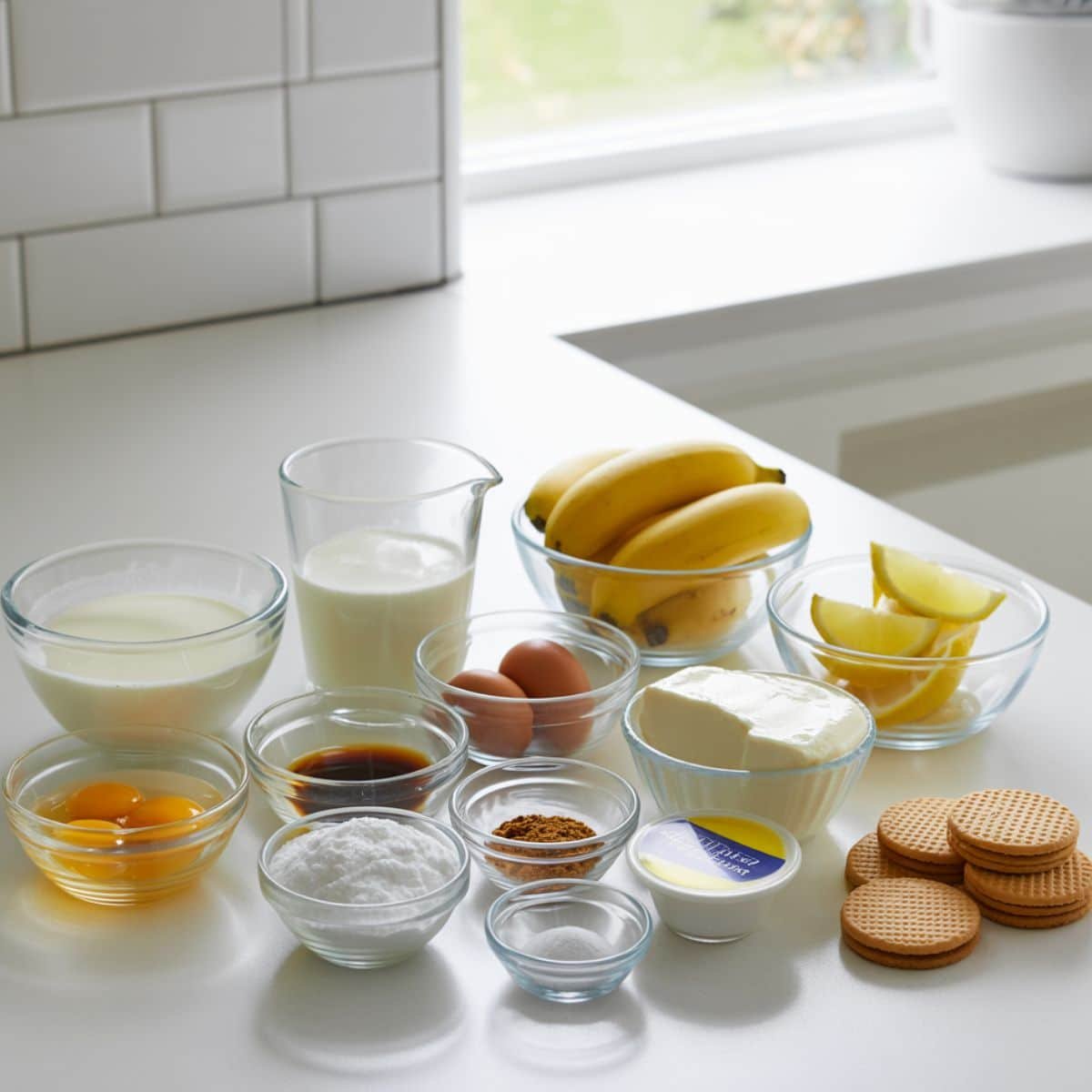 Flat lay of all banana pudding ice cream ingredients arranged in order on a white kitchen counter