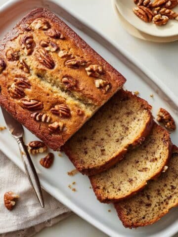 Moist homemade banana nut cake recipe sliced on a white kitchen table with visible walnuts and pecans, shot from above.