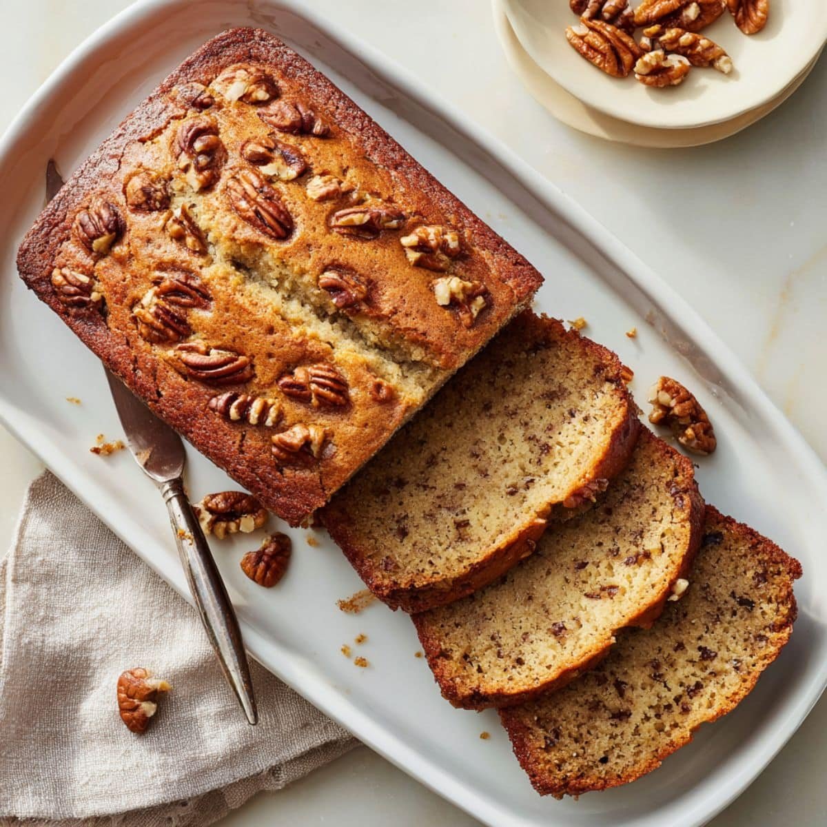 Moist homemade banana nut cake sliced on a white kitchen table with visible walnuts and pecans, shot from above.