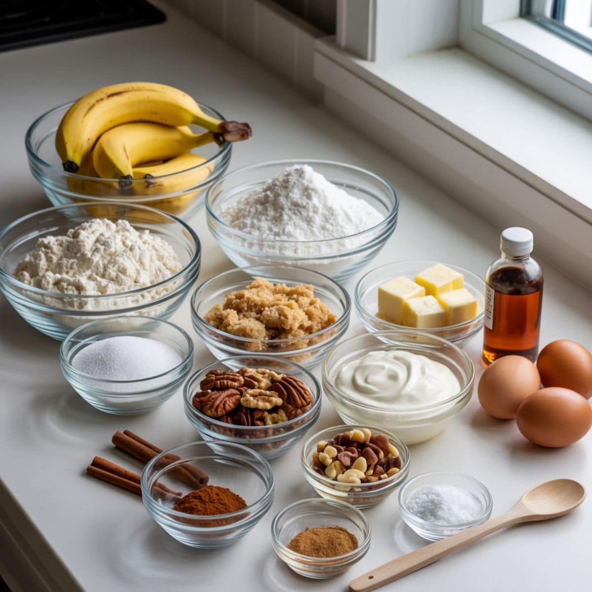 Flat lay of banana nut cake ingredients including bananas, flour, sugars, butter, eggs, vanilla, sour cream, walnuts, pecans, cinnamon, and nutmeg on a white kitchen table.