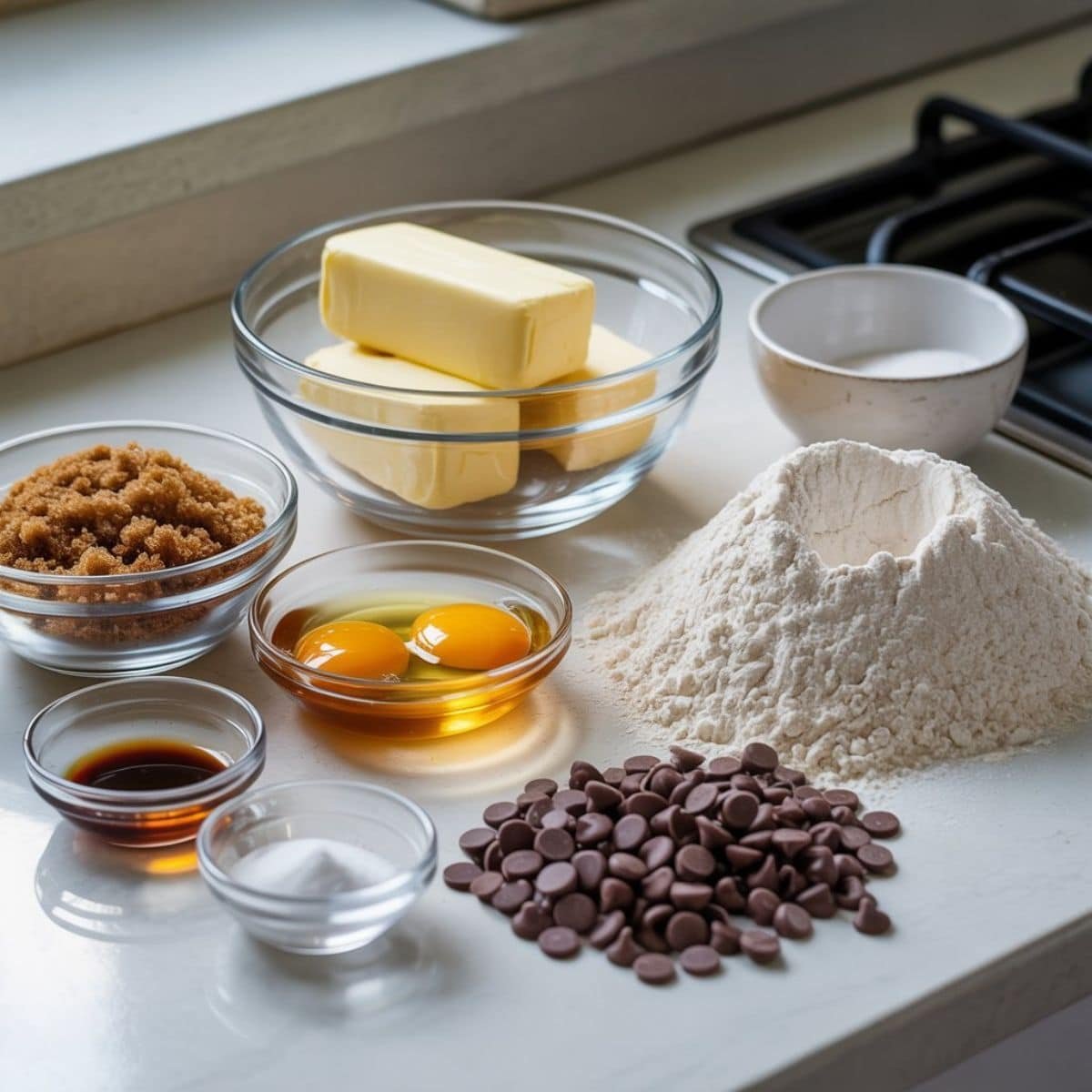 photo of ingredients for brown sugar chocolate chip cookies, including brown sugar, butter, eggs, flour, chocolate chips, and nuts on a white kitchen table