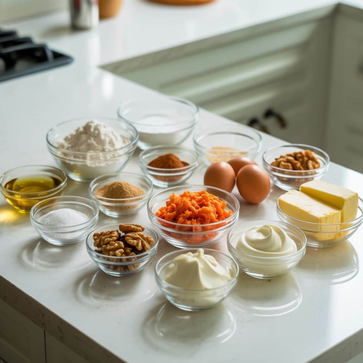 All ingredients for carrot and cheesecake cake arranged neatly on a white kitchen counter