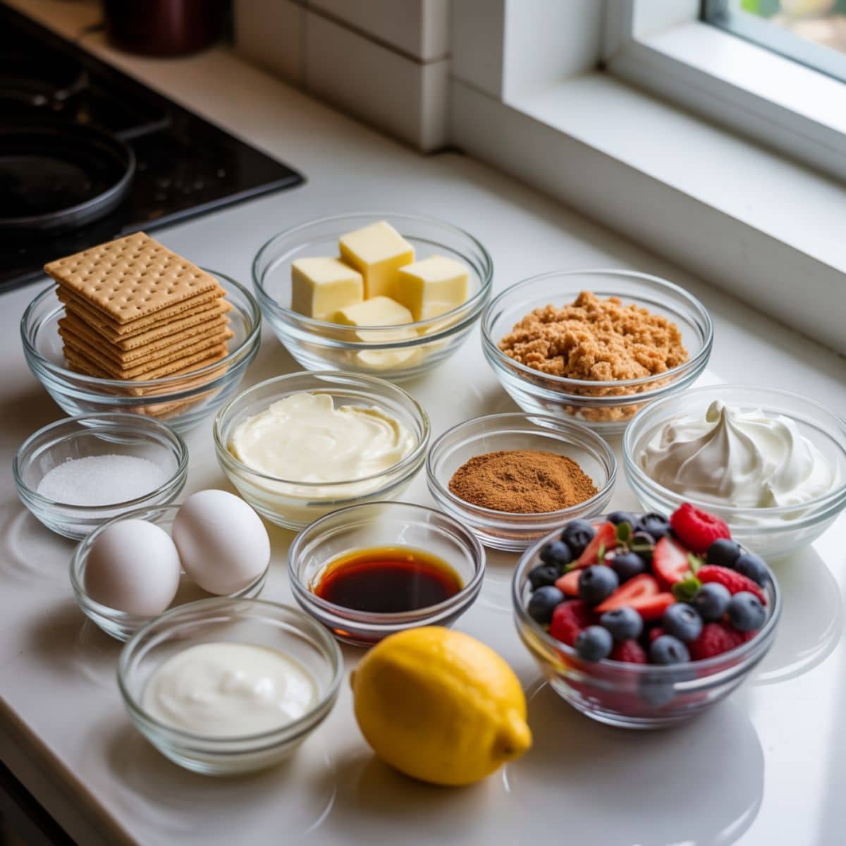 Flat lay of cheesecake cupcake ingredients neatly arranged in order on a white kitchen counter