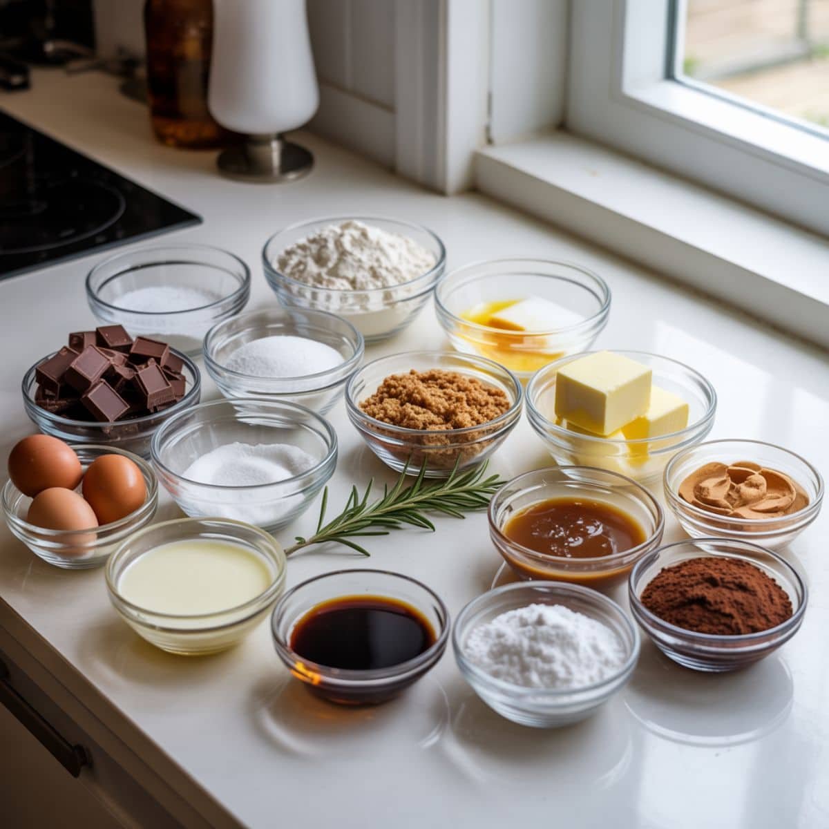 Top-down view of chocolate caramel cake ingredients arranged neatly in bowls on a white counter