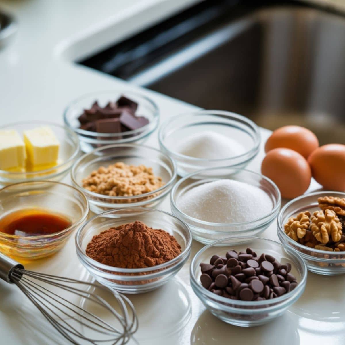 Flatlay of chocolate chip brownie ingredients including butter, dark chocolate, sugars, eggs, flour, cocoa powder, vanilla, and chocolate chips on a white kitchen table with soft daylight.
