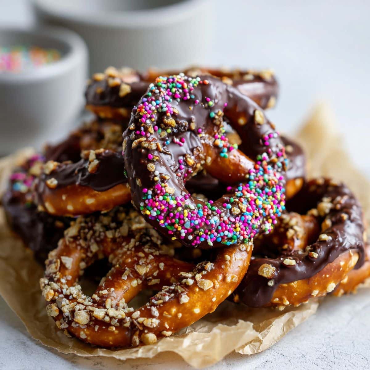 chocolate covered pretzels dipped in milk and dark chocolate with sprinkles and nuts, arranged on parchment paper on a white kitchen table.