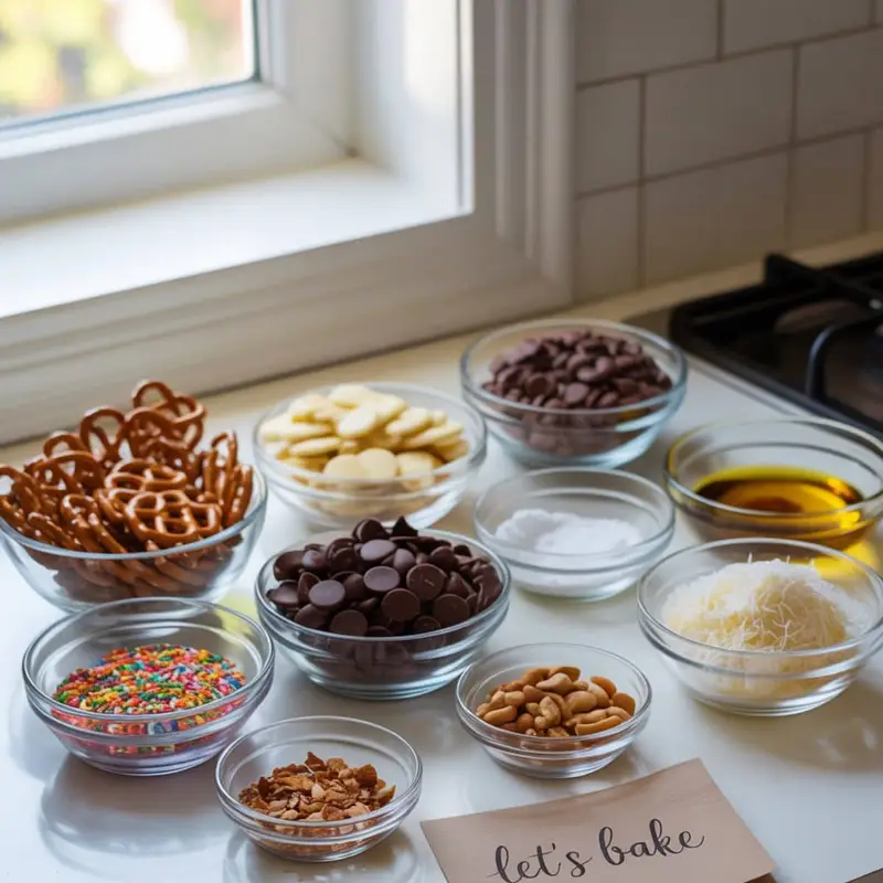 ingredients for chocolate covered pretzels including pretzel rods, chocolate chips, coconut oil, salt, sprinkles, nuts, shredded coconut, and parchment paper on a white kitchen table