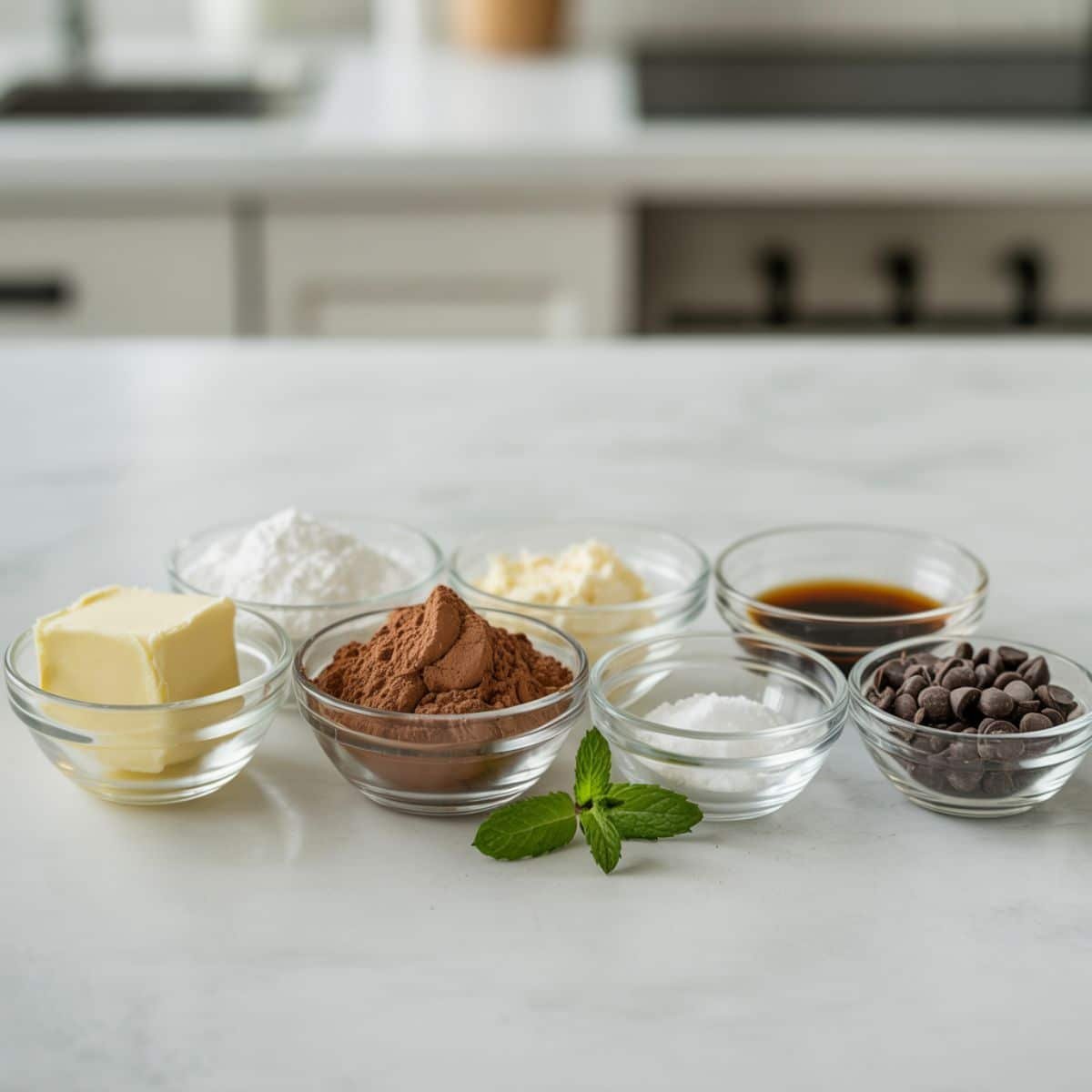 Bowl of creamy homemade chocolate fudge frosting on a white kitchen counter