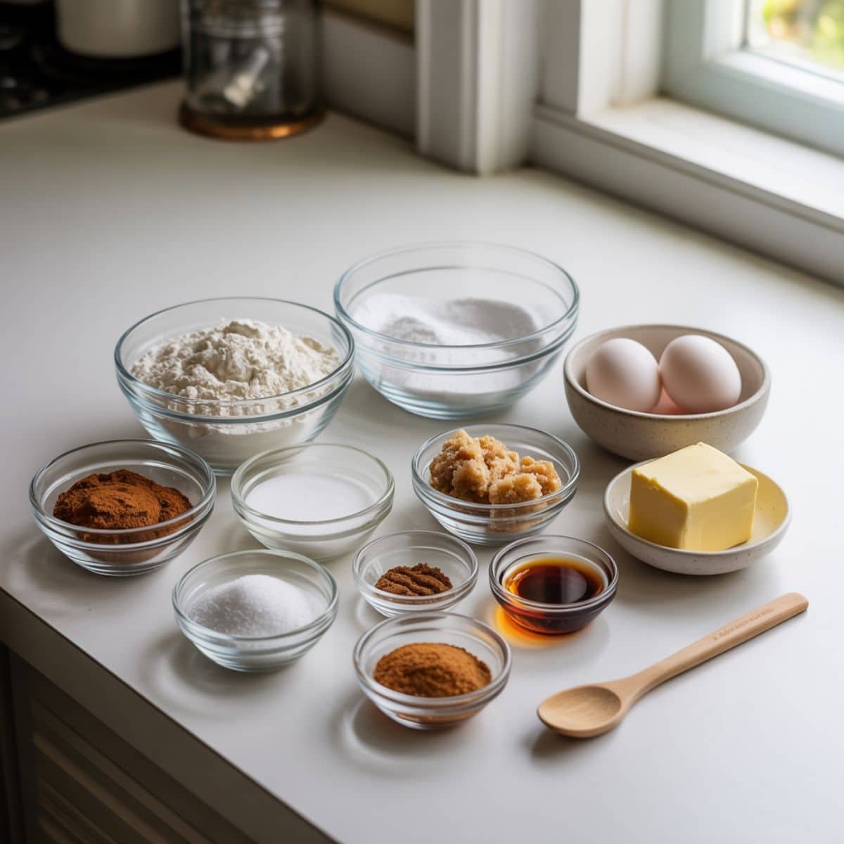 Cinnamon cookie ingredients neatly arranged in bowls on a white kitchen counter
