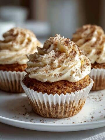 Homemade cinnamon roll cupcakes with cream cheese frosting on a white kitchen table, photographed from above.