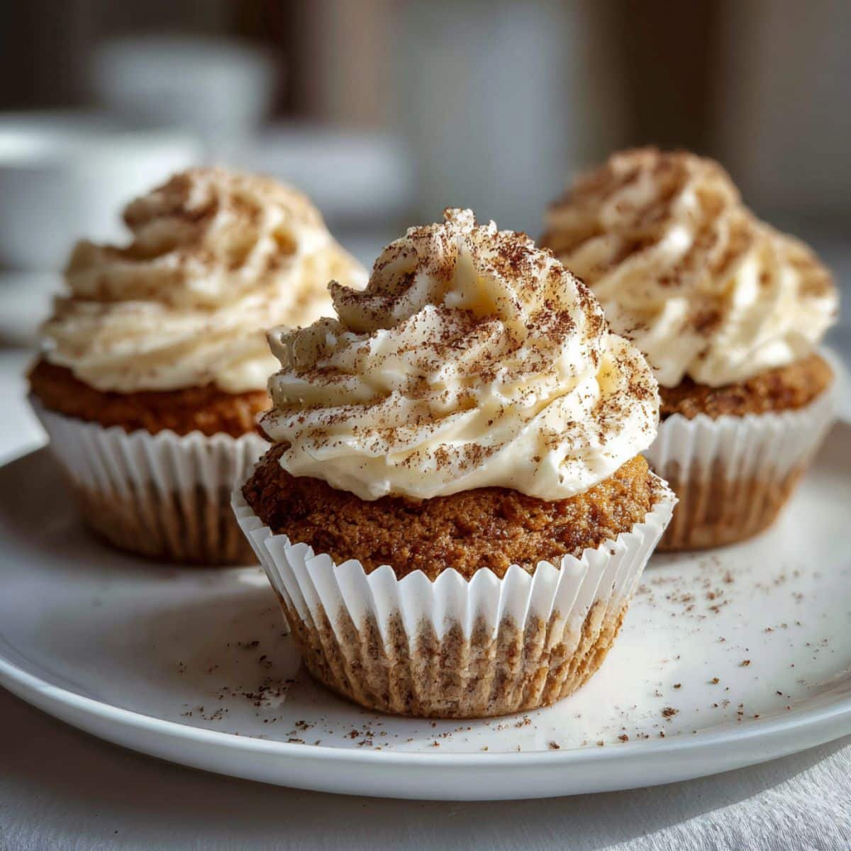 Homemade cinnamon roll cupcakes with cream cheese frosting on a white kitchen table, photographed from above.
