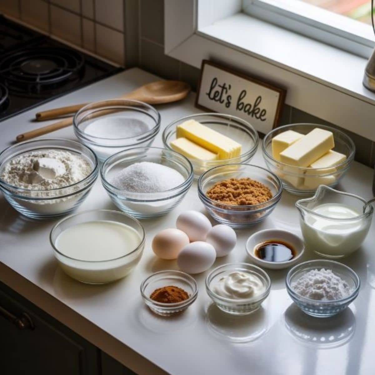 All ingredients for cinnamon roll cupcakes displayed casually on a white kitchen table, photographed from above.