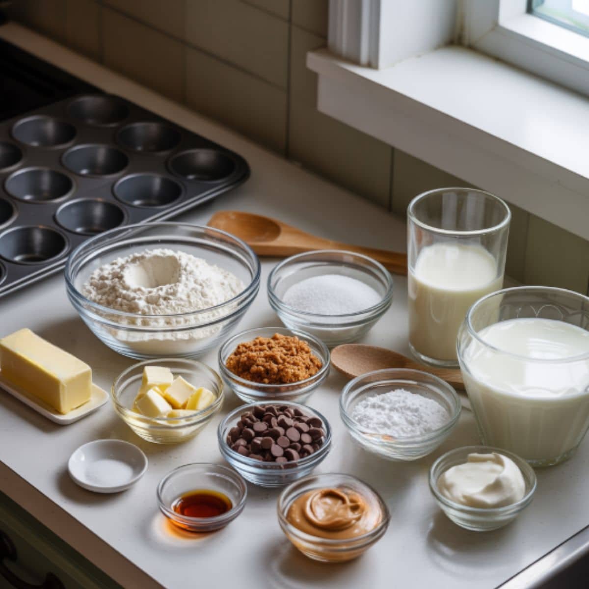 Flat lay of cookie dough cup ingredients on a white kitchen table, including flour, sugars, butter, vanilla, salt, chocolate chips, peanut butter, cream cheese, powdered sugar, milk, and cream.