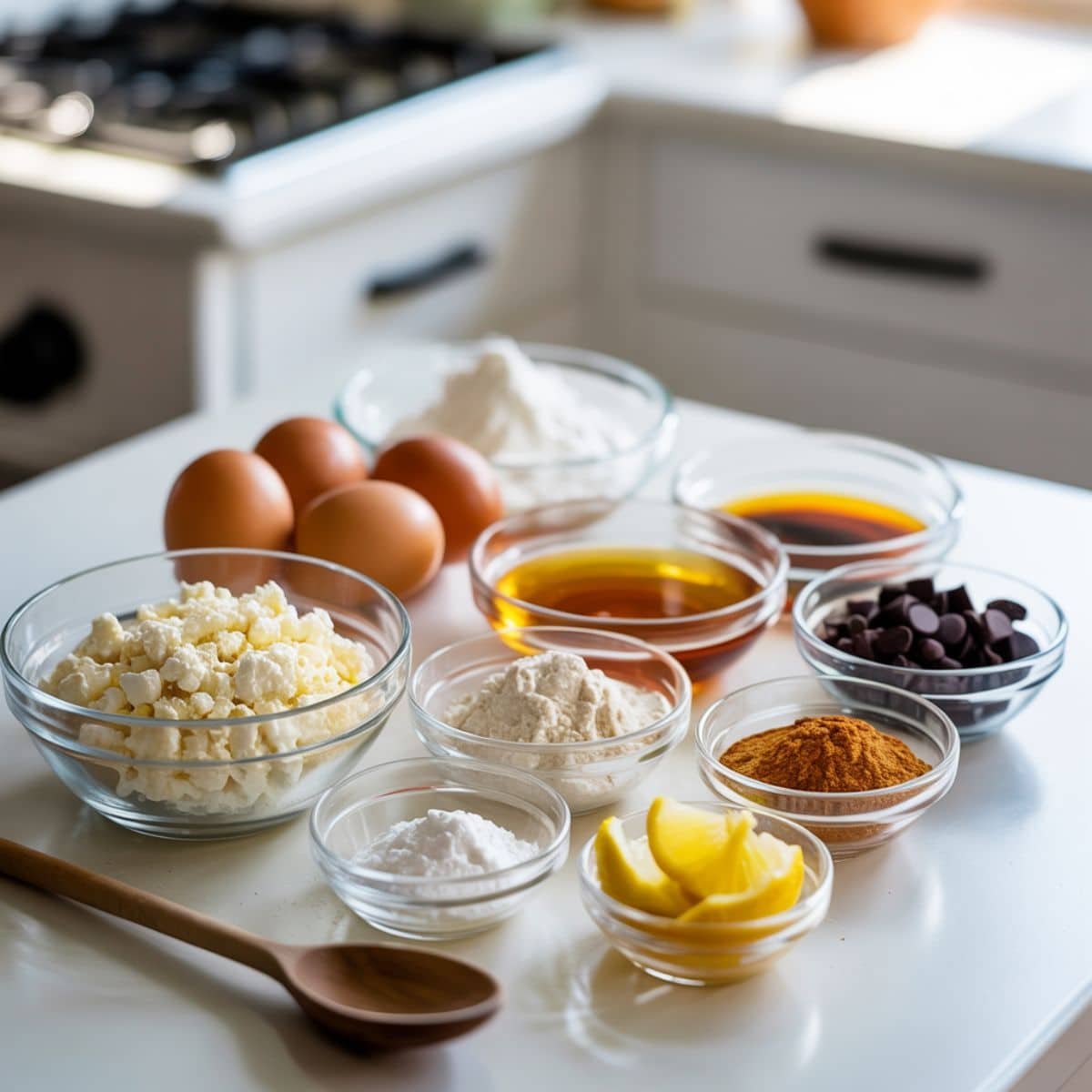 Flat lay of ingredients for Cottage Cheese Cookies arranged neatly in kitchen