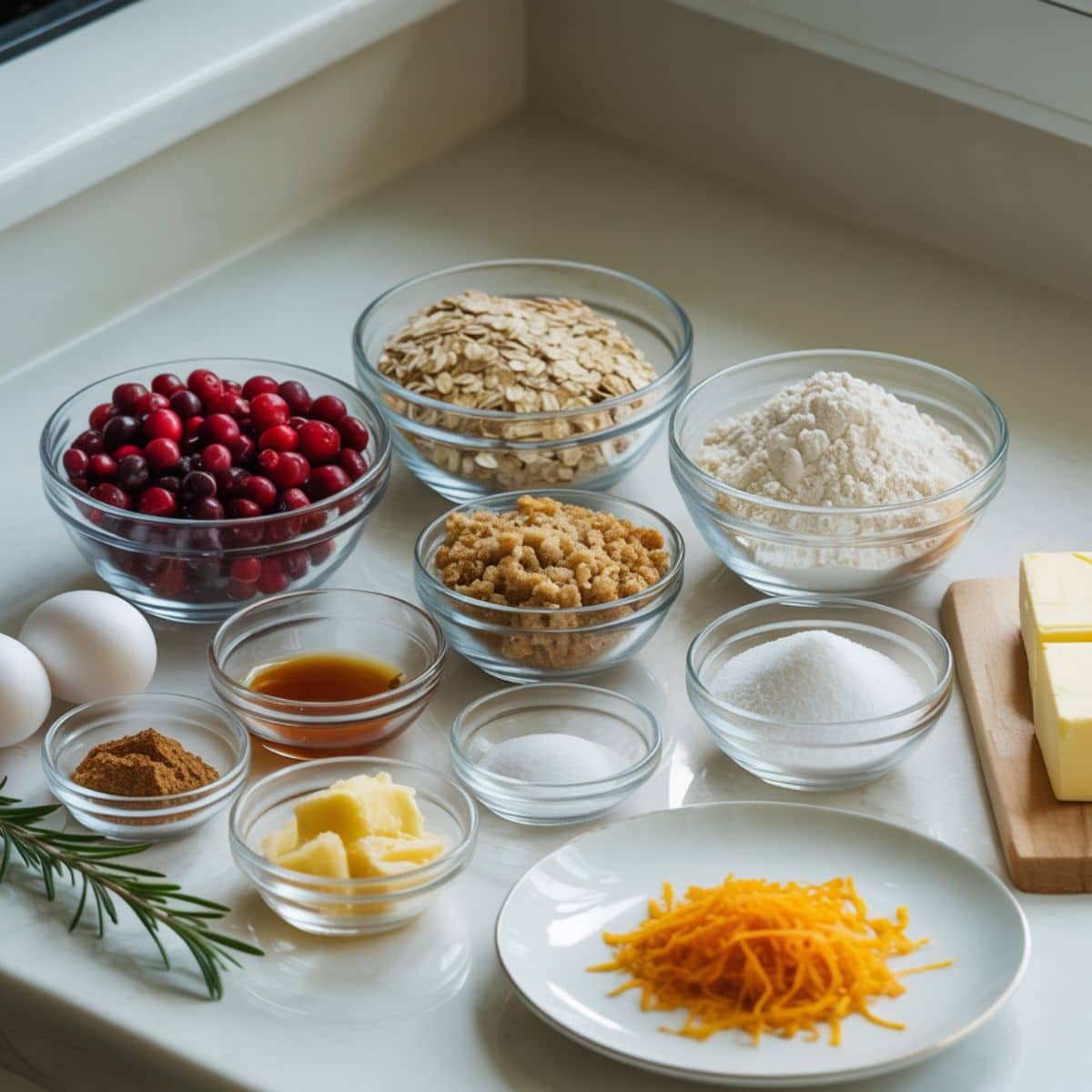 Flat lay of cranberry bar ingredients including cranberries, oats, flour, sugars, butter, eggs, vanilla, baking powder, salt, white chocolate chips, orange zest, cinnamon, and almond extract on a white kitchen table.