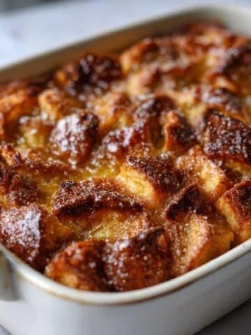 Freshly baked homemade croissant bread pudding recipe in a white baking dish, golden and caramelized on a white kitchen table
