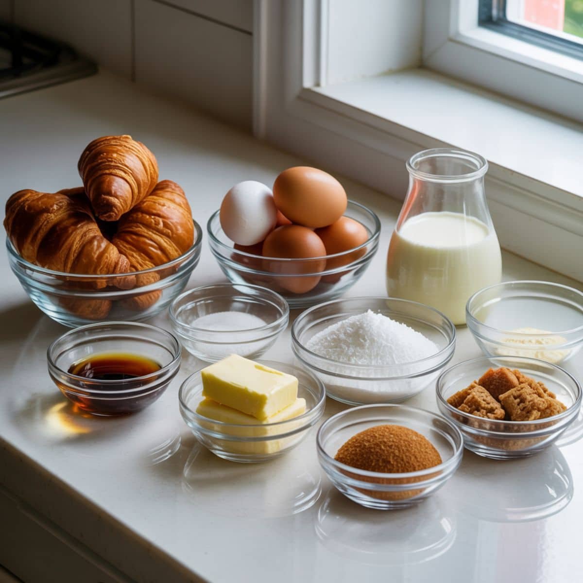 Flat lay of croissant bread pudding ingredients including croissants, eggs, cream, milk, sugar, butter, cinnamon, and vanilla on a white kitchen table.