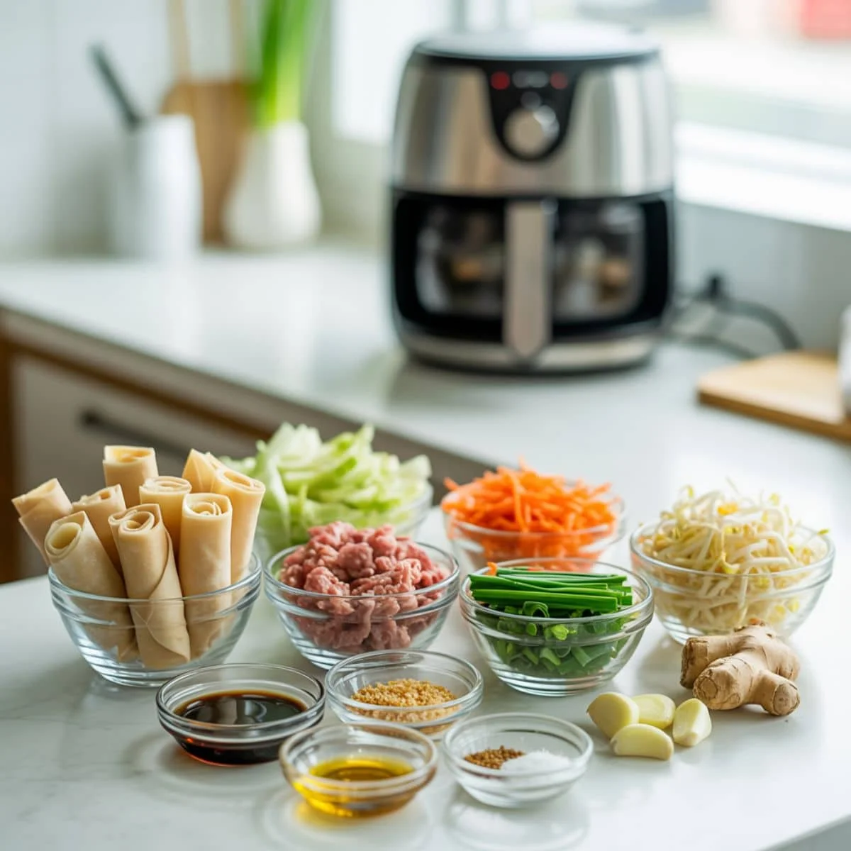 Egg roll ingredients arranged on white kitchen counter