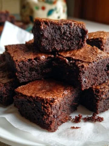Homemade eggless brownies cut into squares on parchment paper, photographed from above on a white kitchen table.