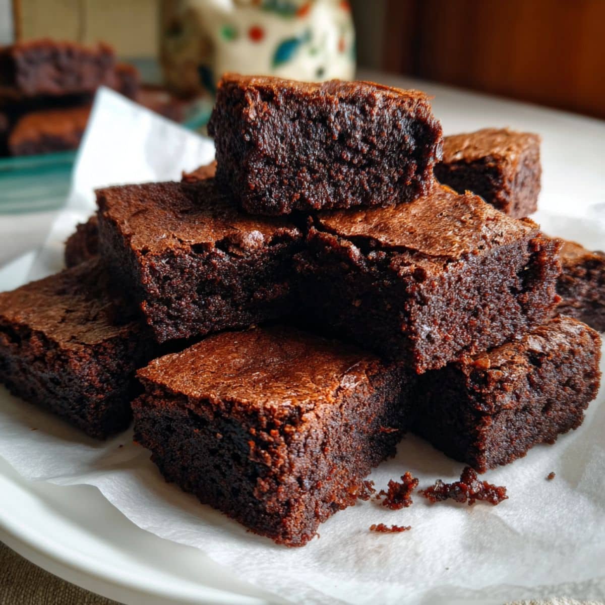 Homemade eggless brownies cut into squares on parchment paper, photographed from above on a white kitchen table.