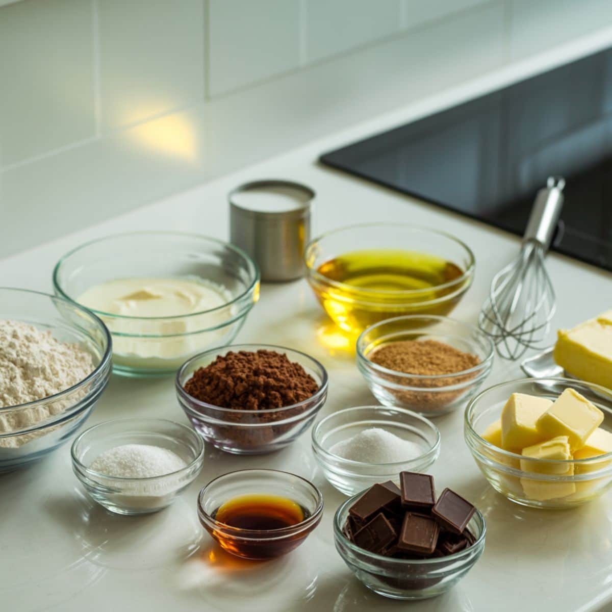 Top-down view of ingredients for eggless brownies arranged casually on a white kitchen table