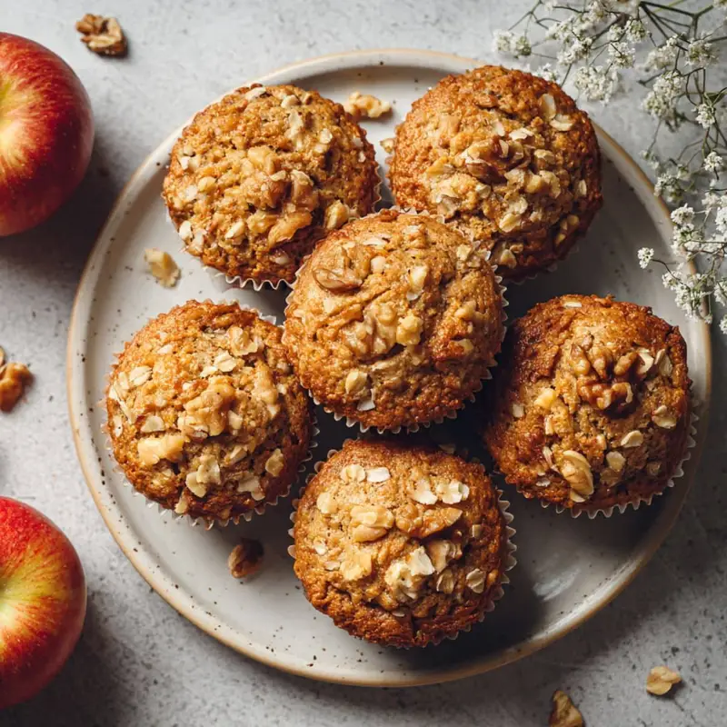 Freshly baked Apple Muffins Healthy on a white kitchen table, top-down homemade style photo with natural light