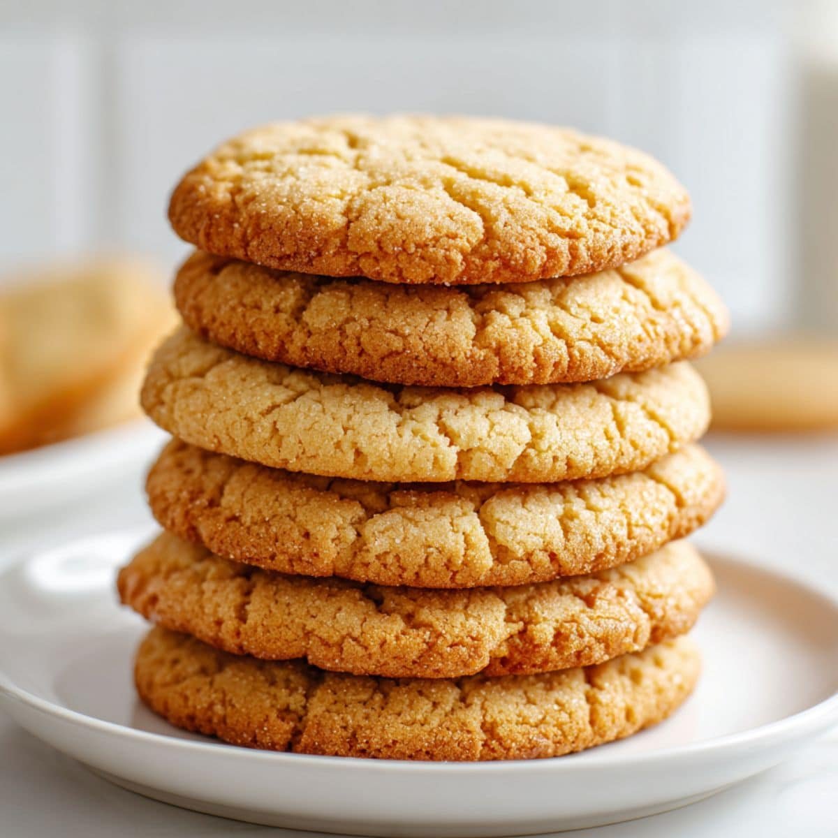 Top-down view of chewy brown butter sugar cookies stacked on a white plate in a white kitchen