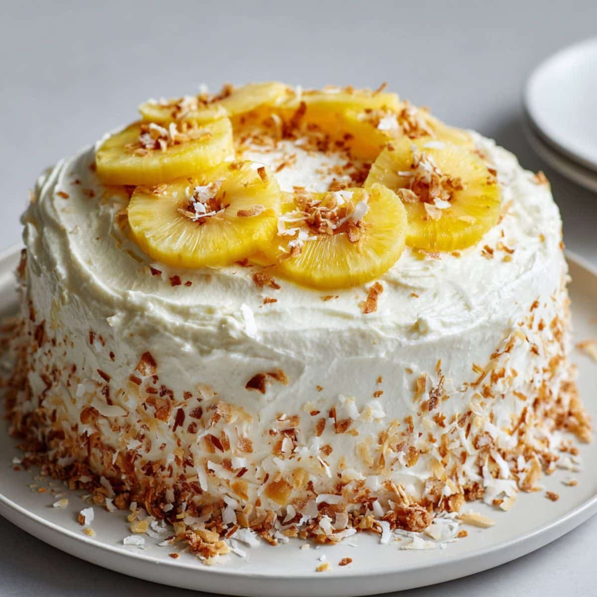 Homemade coconut pineapple cake with cream cheese frosting, shredded coconut, and pineapple rings on a white kitchen table, shot from above