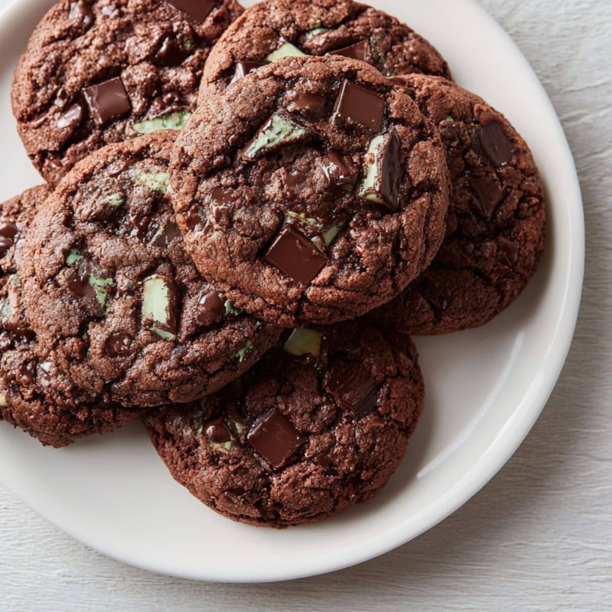 Homemade Andes mint cookies on a white kitchen table, photographed from above with a casual, natural style.