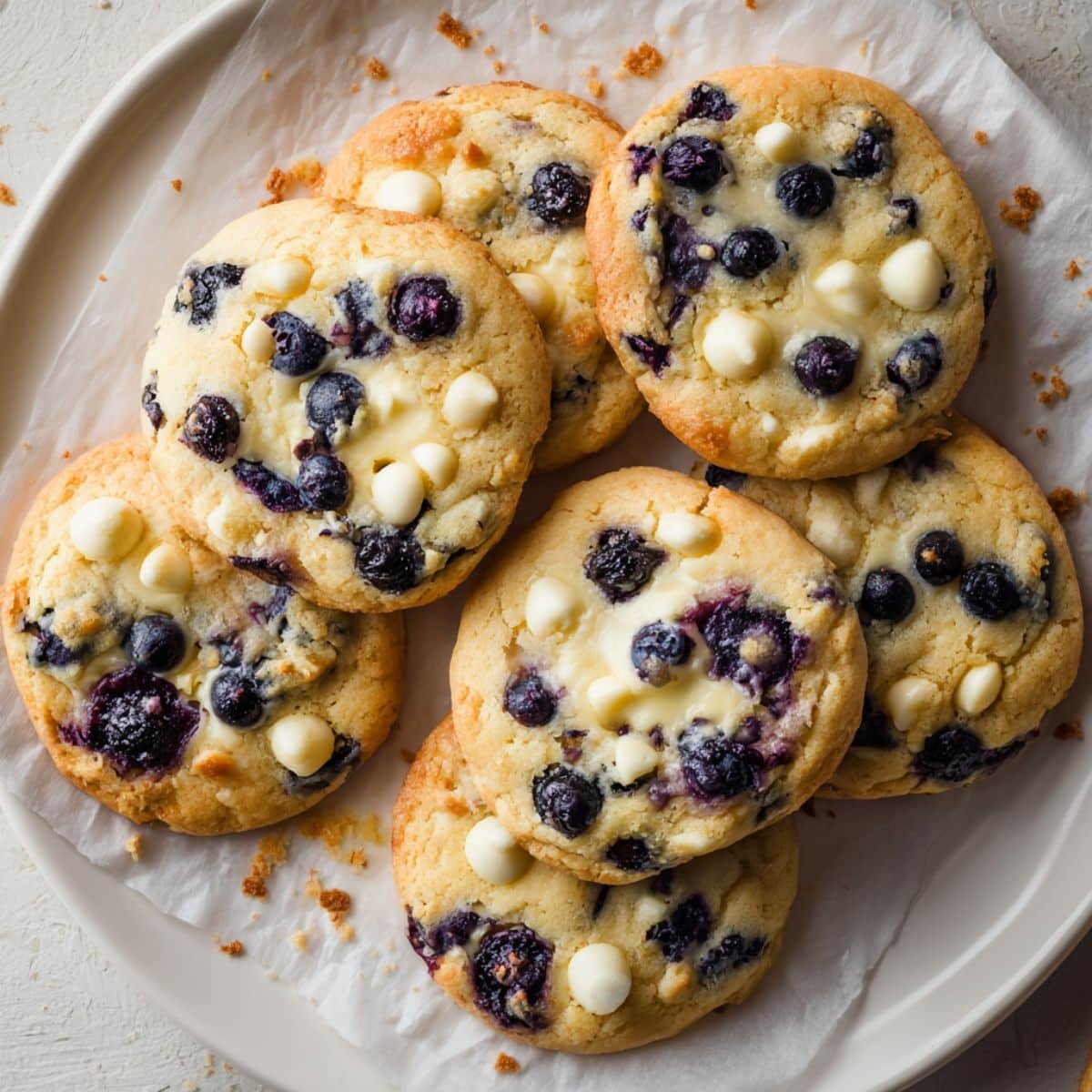 Freshly baked blueberry cheesecake cookies on parchment paper with blueberries and cream cheese filling, shot top-down on a white kitchen table.