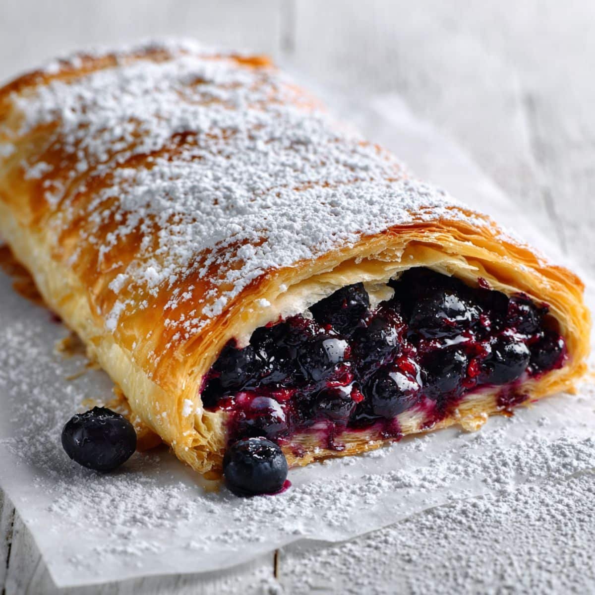 Homemade blueberry strudel recipe on a white table with golden flaky pastry and blueberry filling