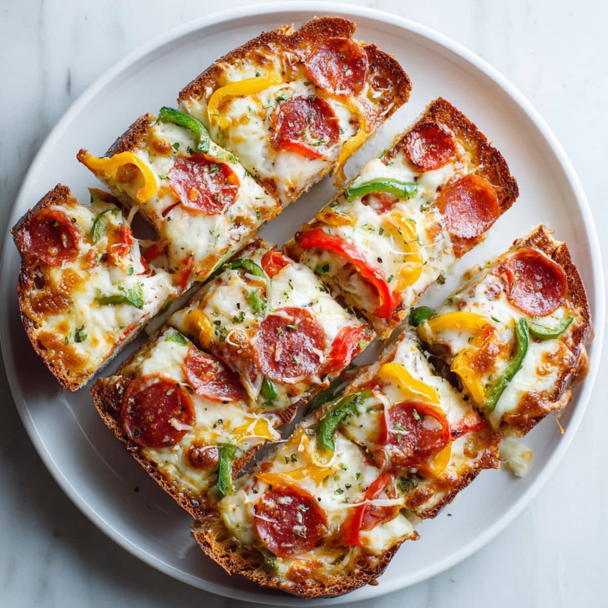 Homemade French bread pizza recipe sliced on a white kitchen table with melted cheese and toppings, photographed from above