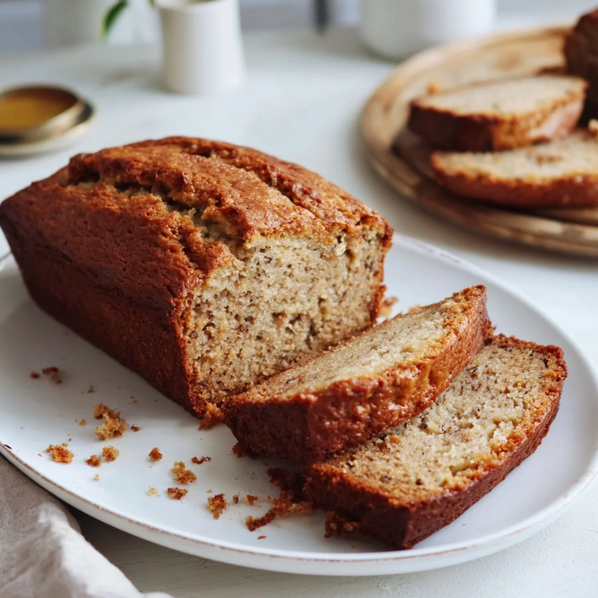 Homemade Banana Bread Recipe Gluten Free on a white kitchen table, sliced to show moist texture, photographed from above