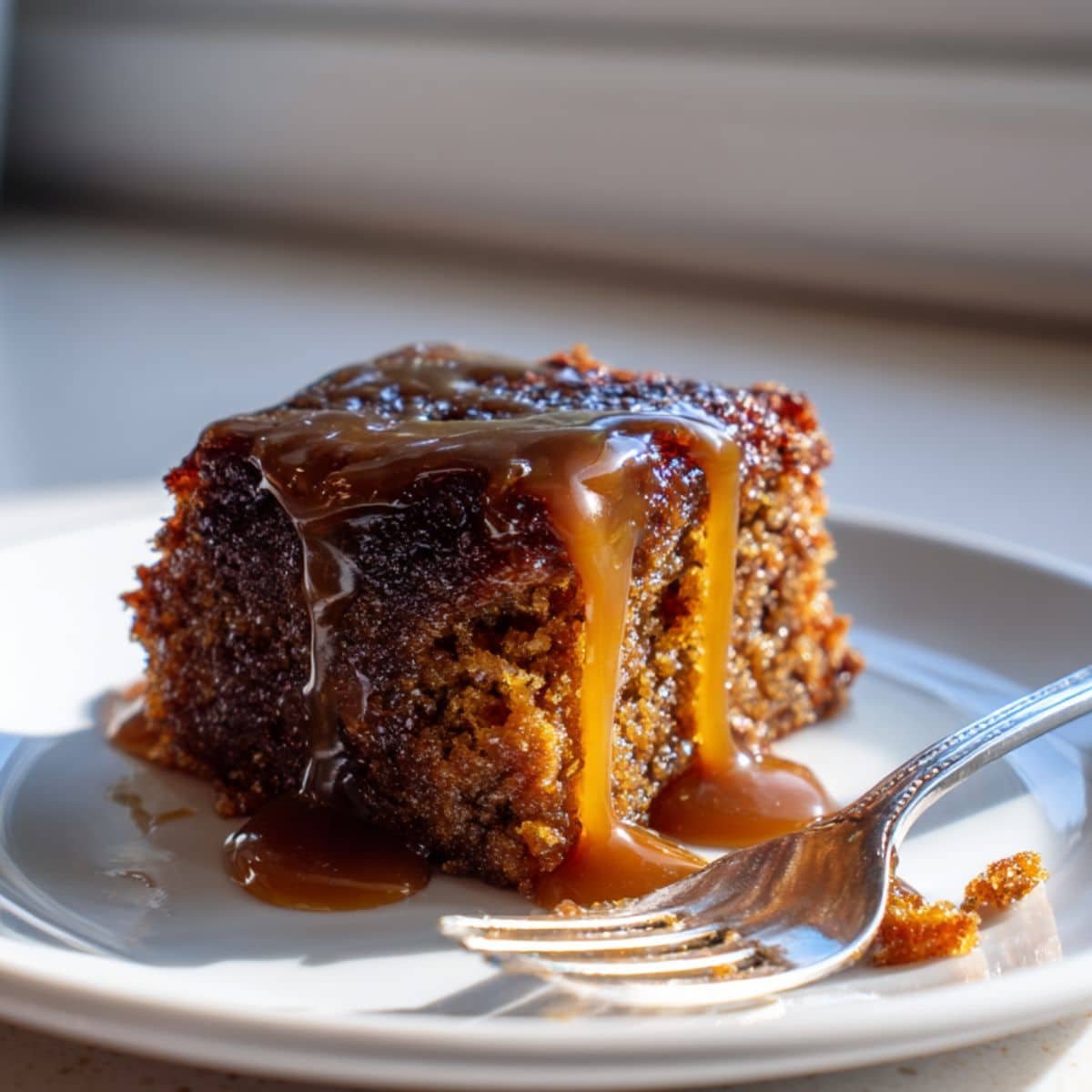 A slice of gluten free sticky toffee pudding drizzled with toffee sauce on a white plate, top-down on a white kitchen table.