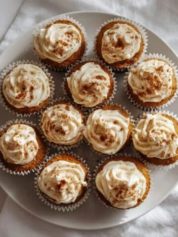 Homemade vegan pumpkin cupcakes with cream cheese frosting on a white kitchen table, shot from above