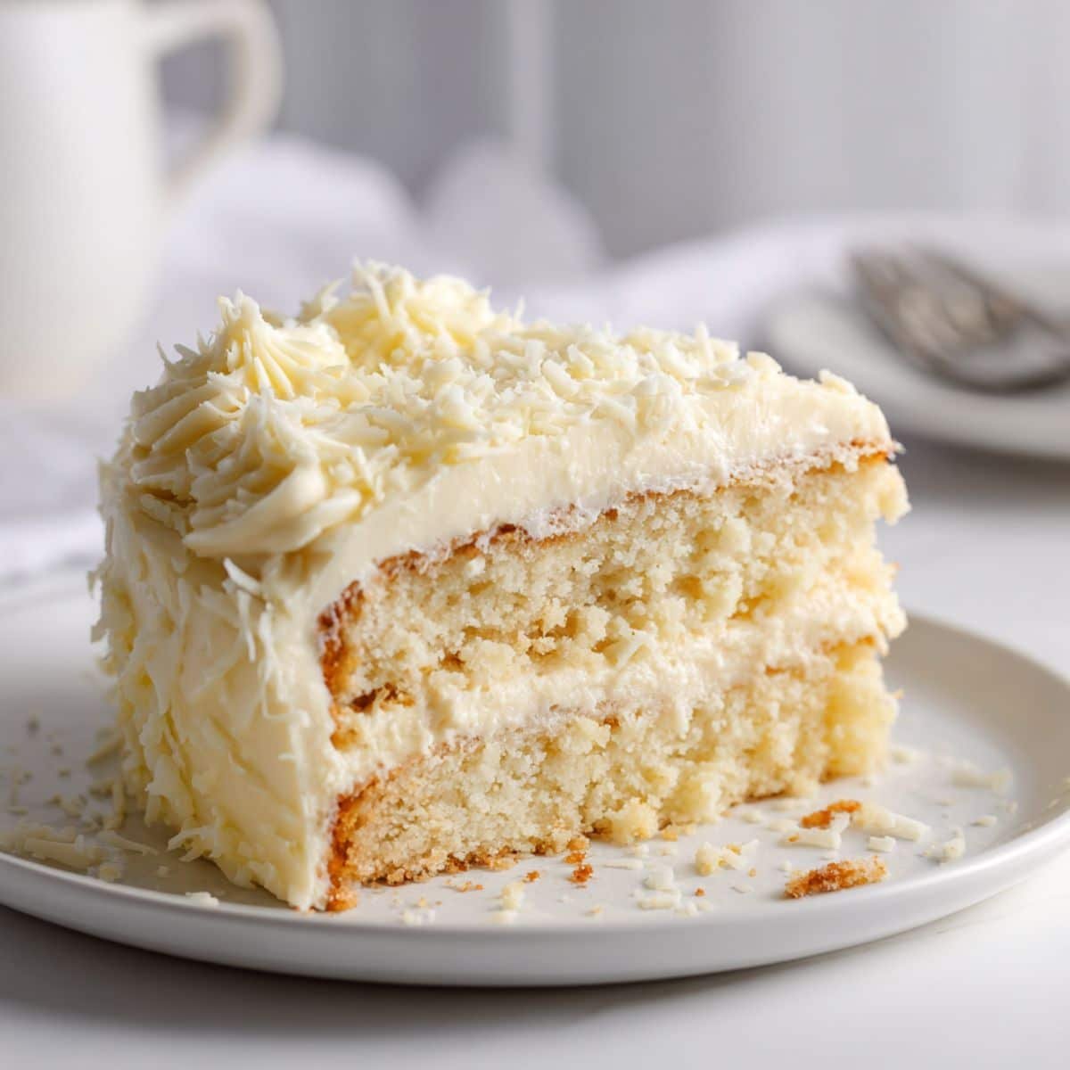 Homemade white chocolate cake with creamy frosting and white chocolate shavings on a white kitchen table