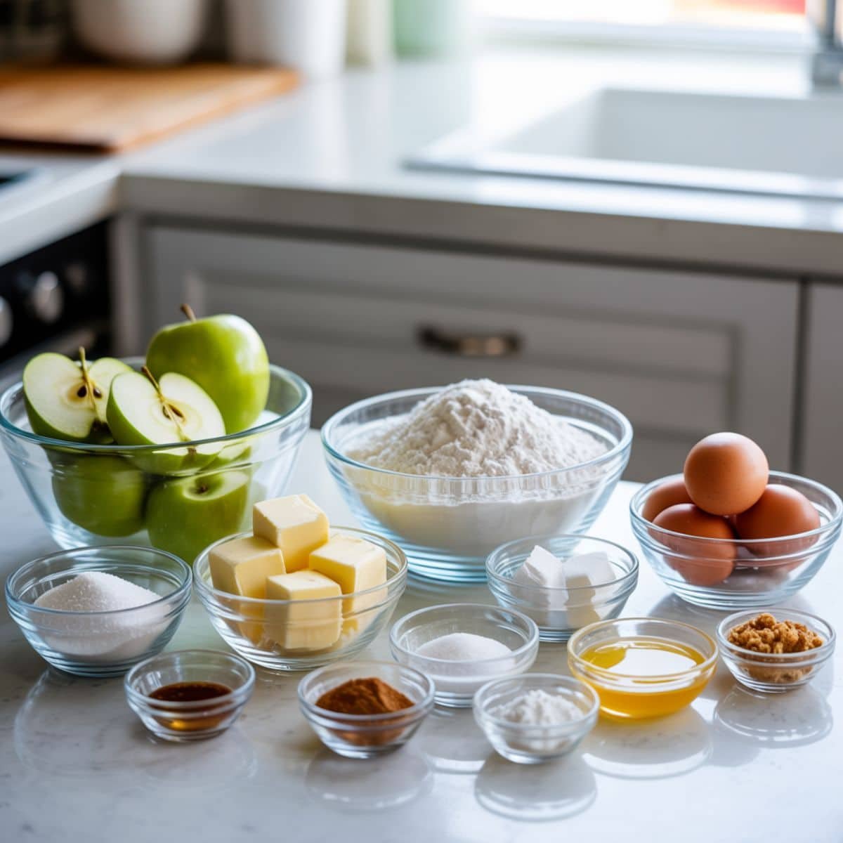 Overhead ingredients for German apple cake on white table.