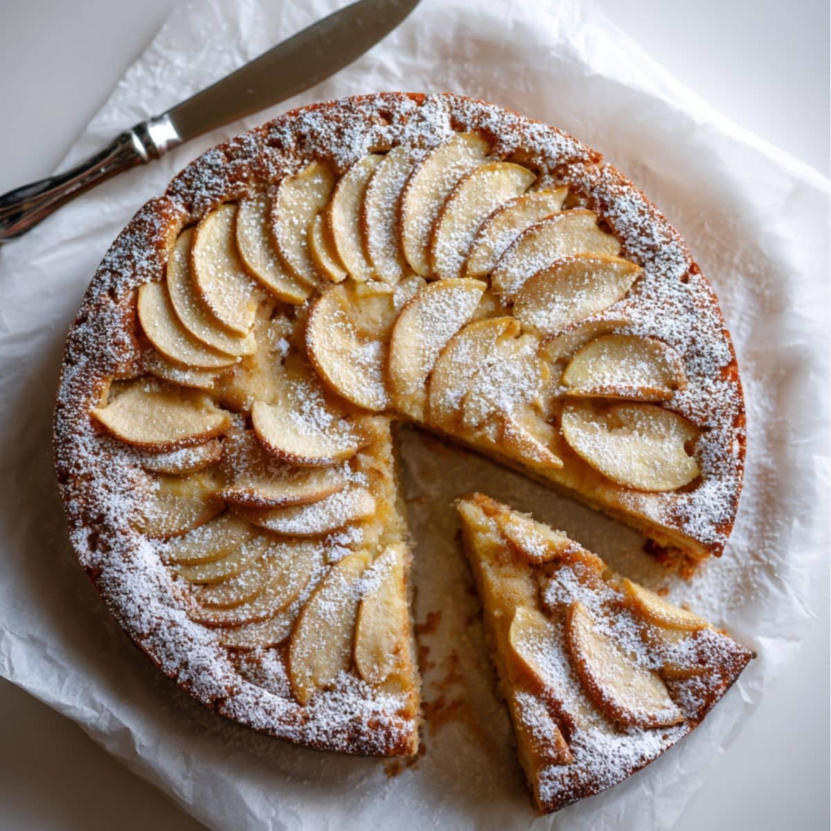 German apple cake on white table, one slice removed.