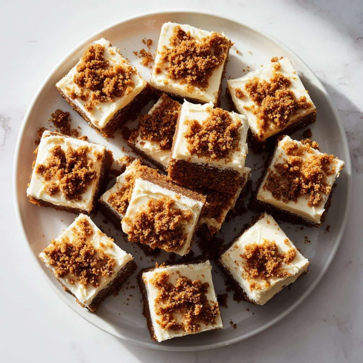 Homemade gingerbread bars with cream cheese frosting on a white kitchen table, cut into rustic squares.
