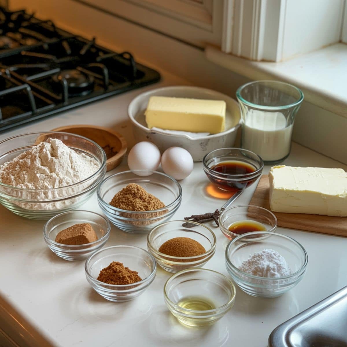 Top-down view of gingerbread bar ingredients on a white kitchen table: flour, spices, butter, brown sugar, molasses, eggs, vanilla, powdered sugar, cream cheese, and milk.