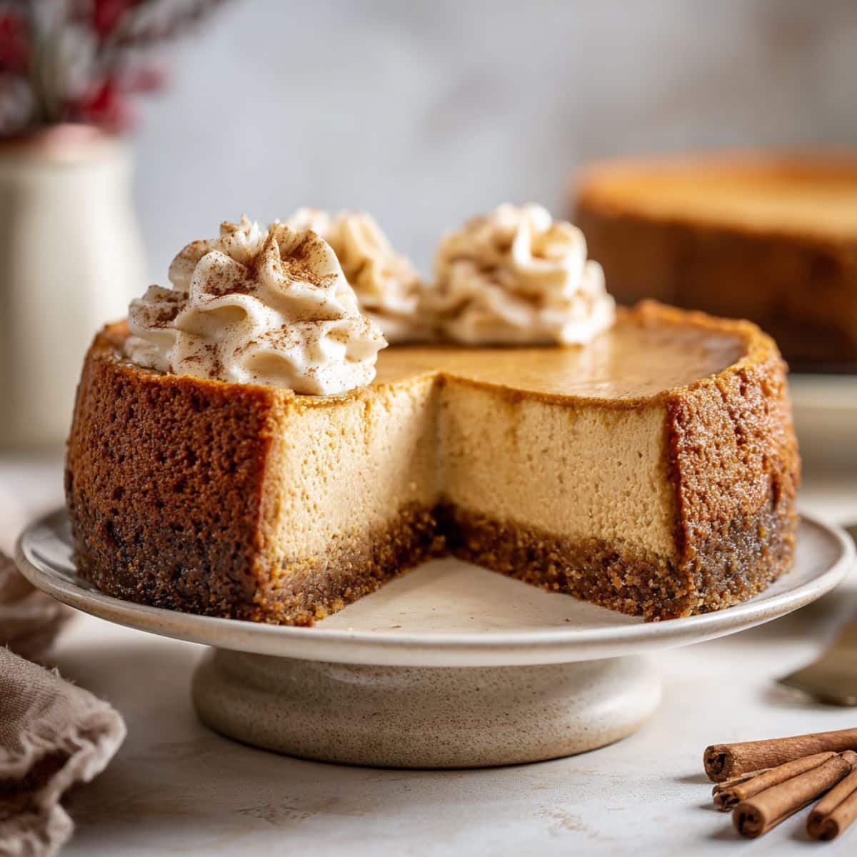 Homemade gingerbread cheesecake with gingersnap crust on a white kitchen table, rustic holiday dessert shot from above.