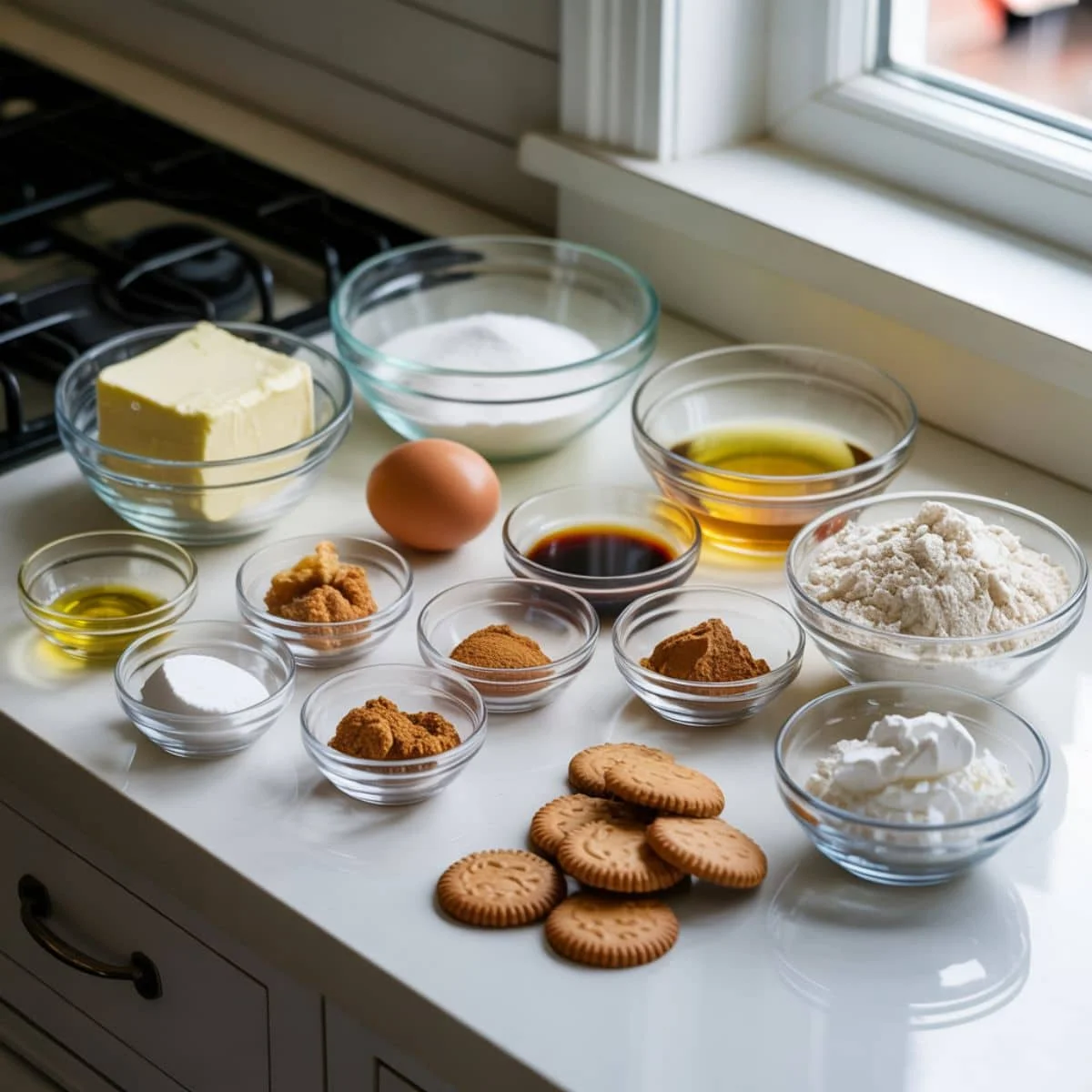 Top-down view of gingerbread cheesecake ingredients on a white kitchen table, including cream cheese, gingersnap cookies, molasses, eggs, and spices.
